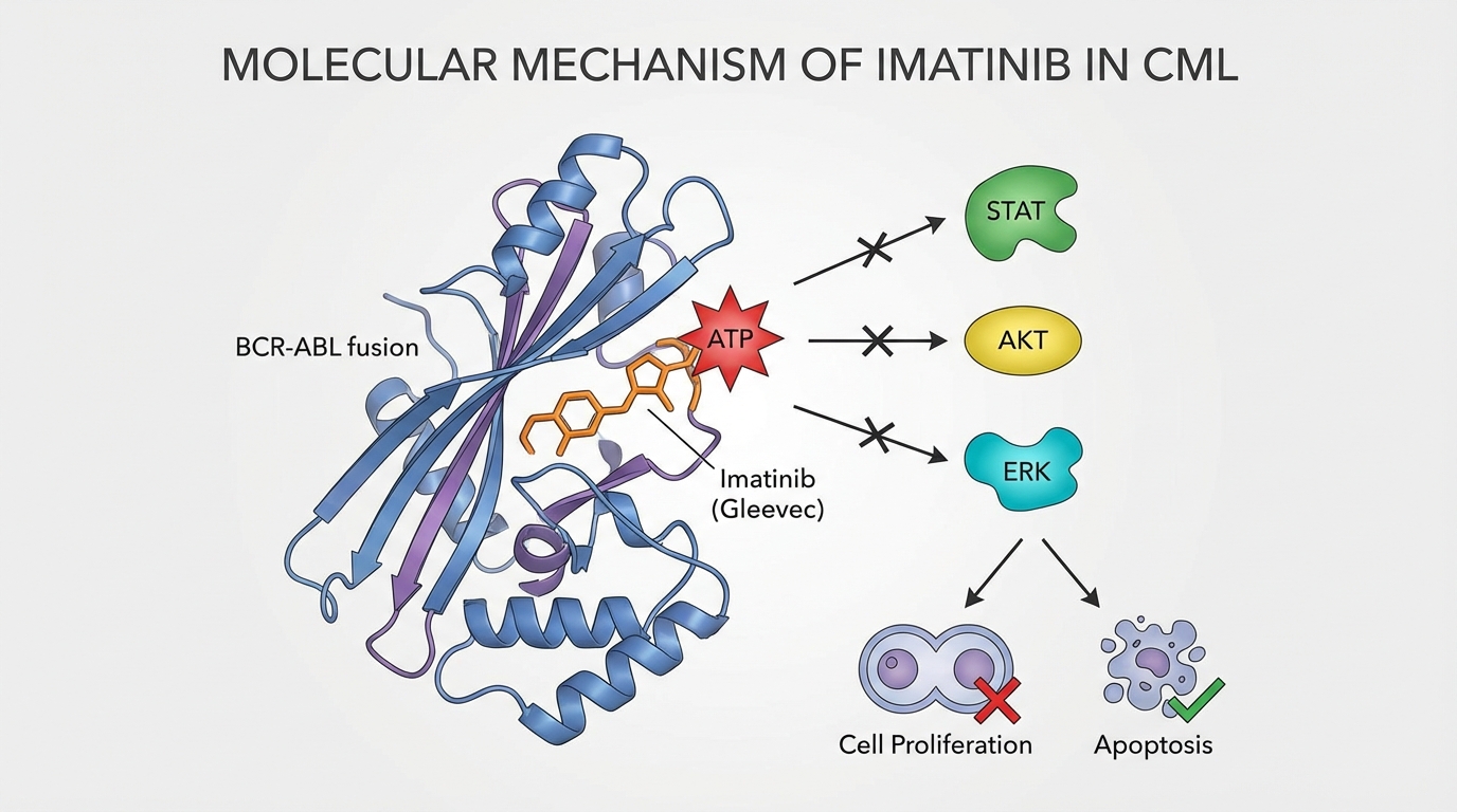 Imatinib (Gleevec) mechanism of action in Chronic Myeloid Leukemia — BCR-ABL kinase inhibition with phosphorylation cascade